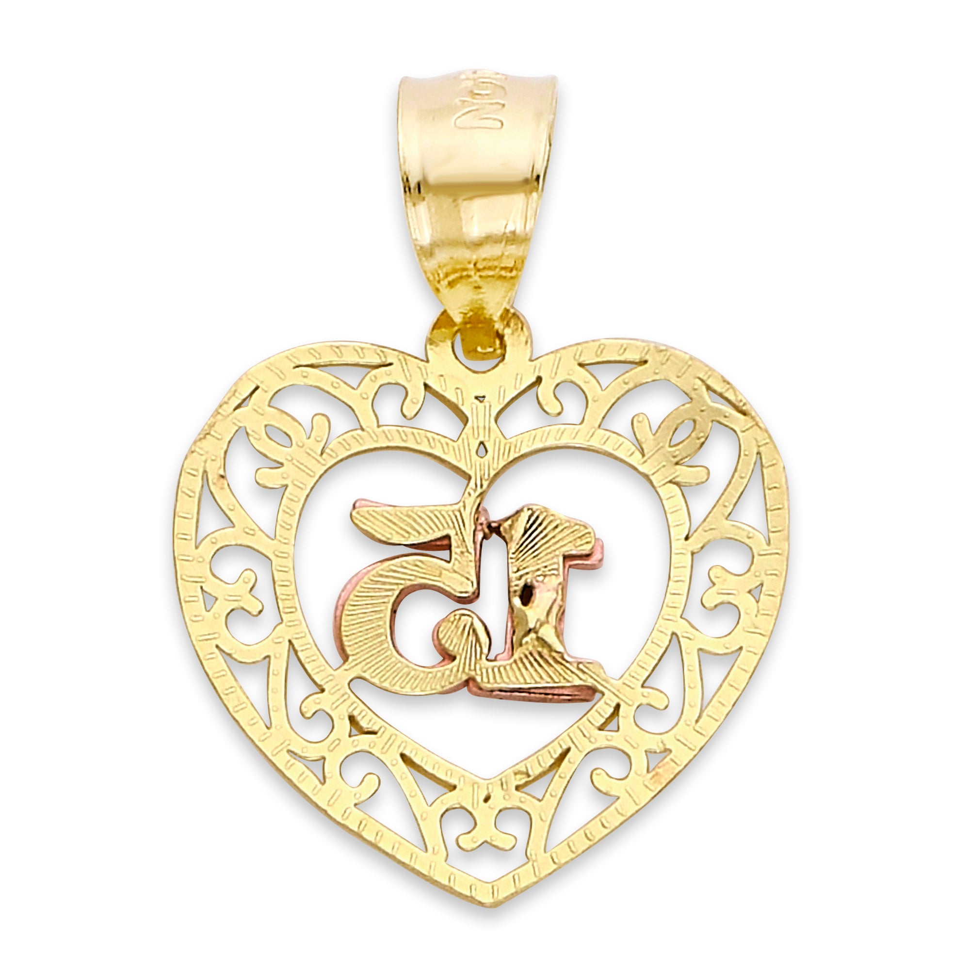 Solid Gold Quinceanera Heart Pendant - 10k or 14k