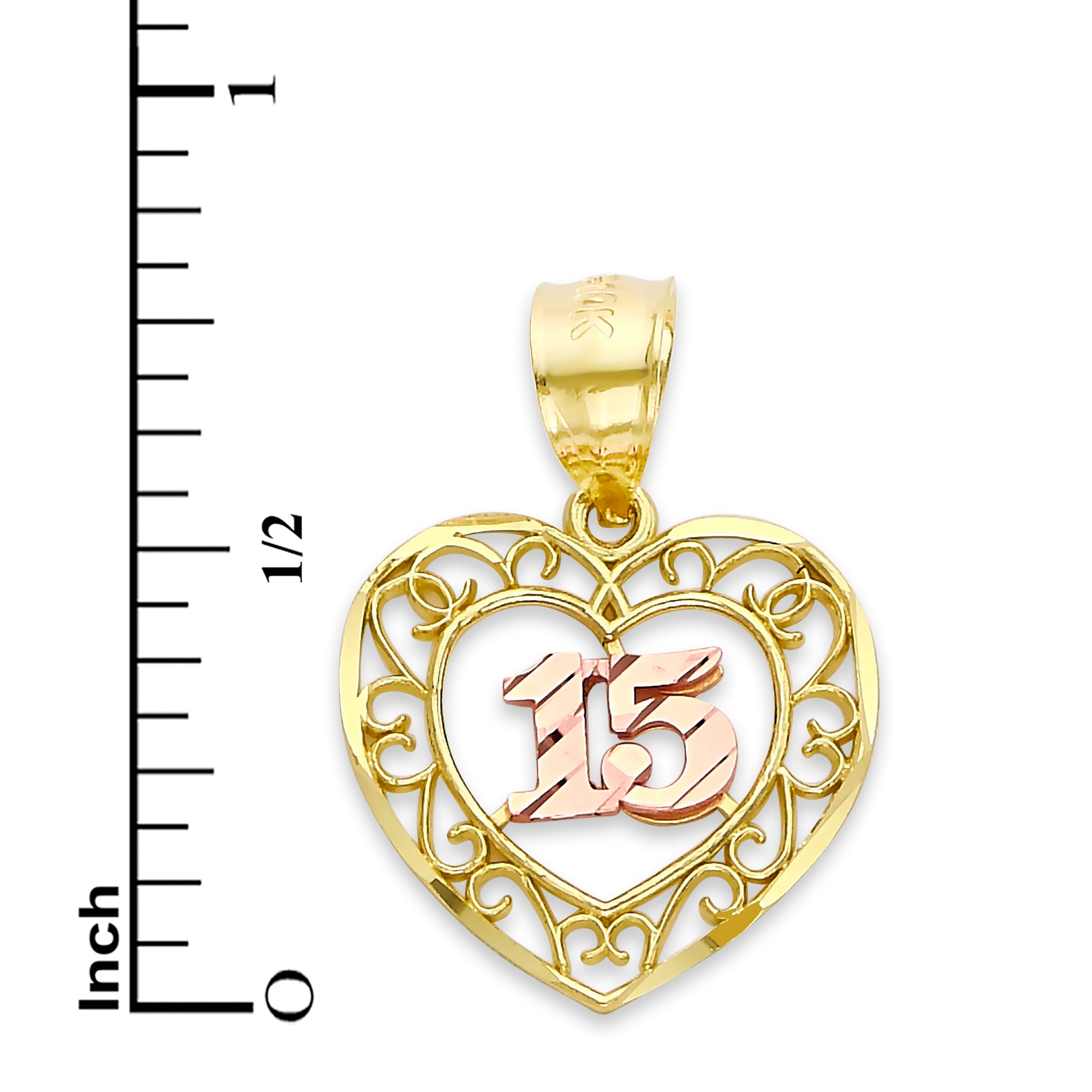 Solid Gold Quinceanera Heart Pendant - 10k or 14k