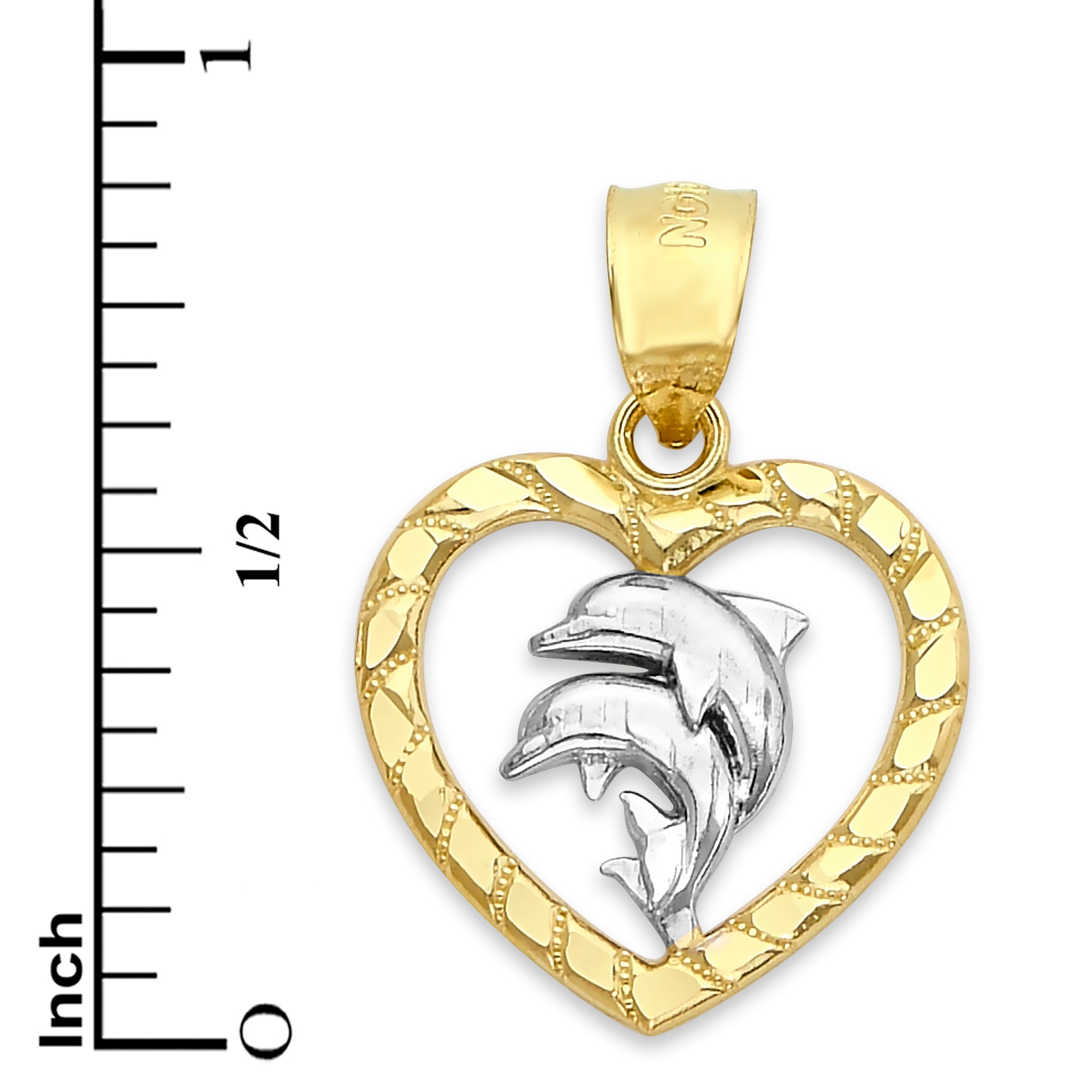 Solid Two-Tone Gold Dolphin in Heart Pendant - 10k or 14k