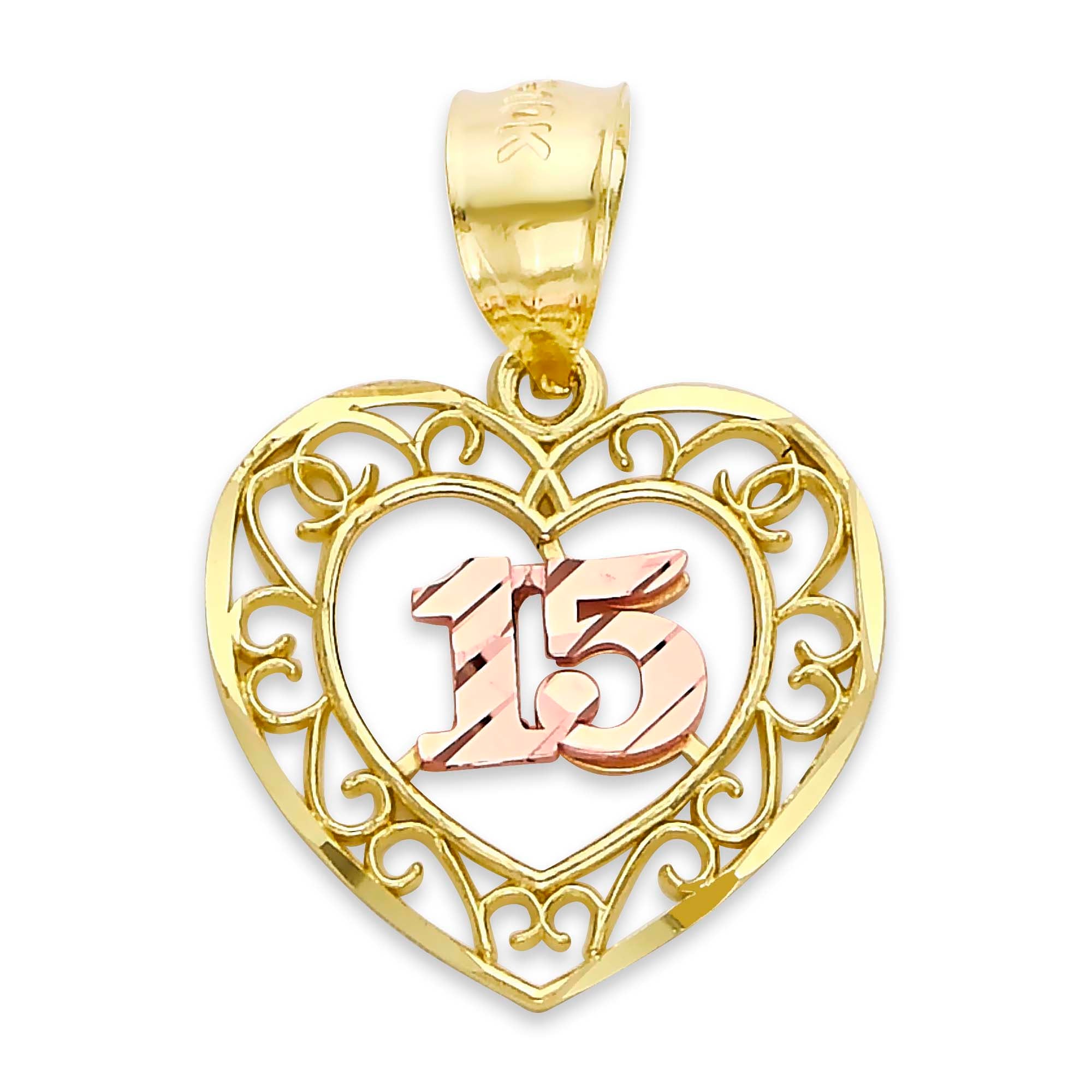Solid Gold Quinceanera Heart Pendant - 10k or 14k
