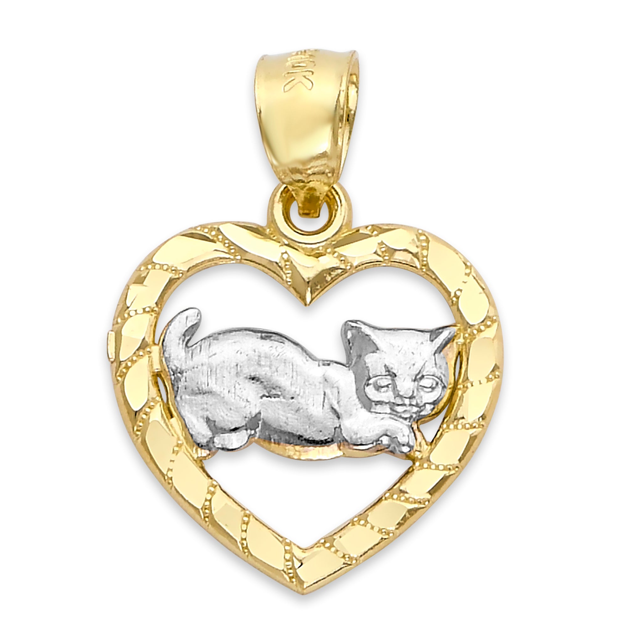 Solid Two-Tone Gold Cat in Heart Pendant - 10k or 14k