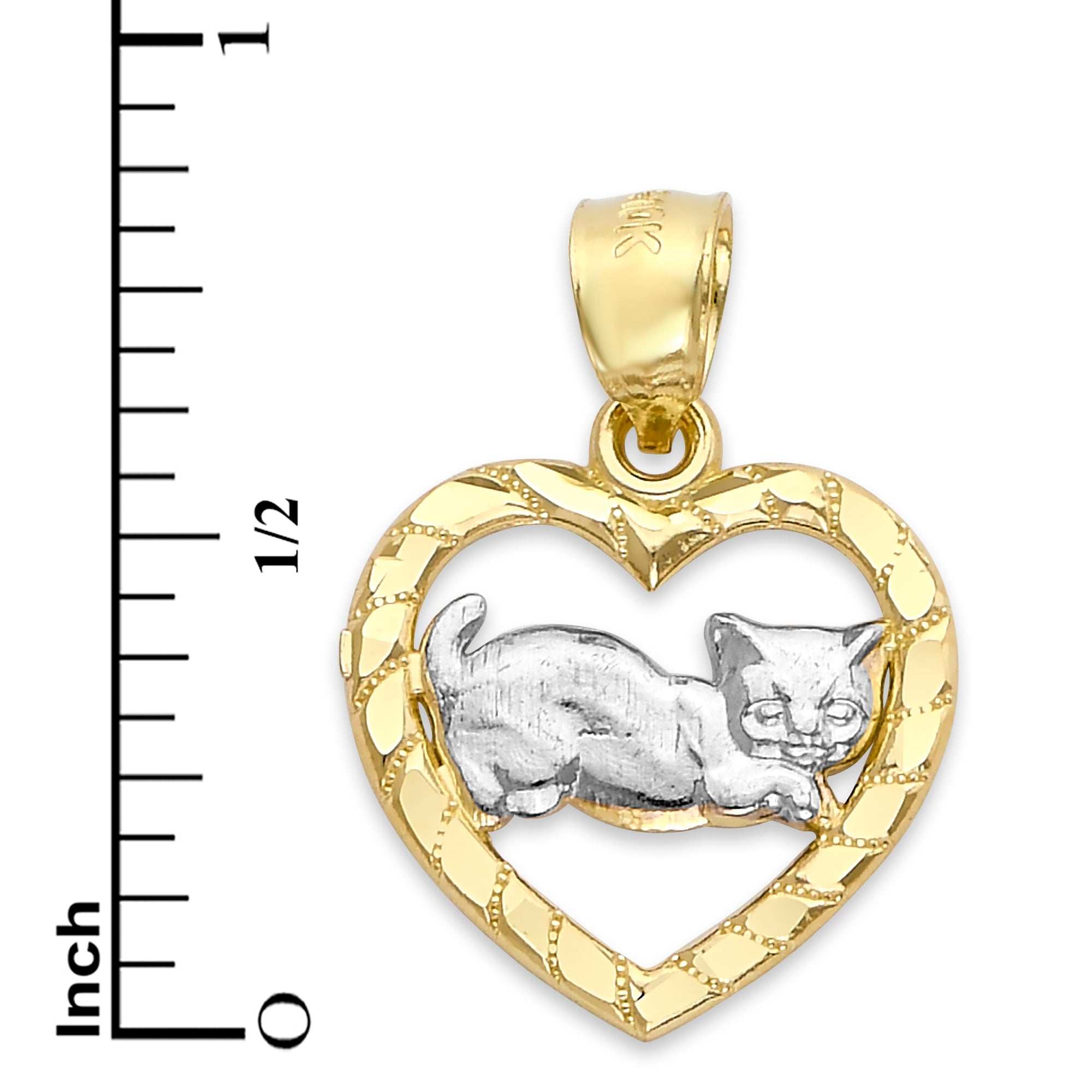 Solid Two-Tone Gold Cat in Heart Pendant - 10k or 14k