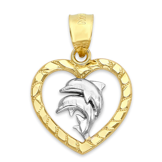 Solid Two-Tone Gold Dolphin in Heart Pendant - 10k or 14k