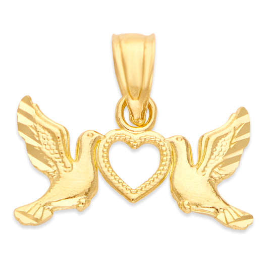 Solid Gold Doves with Heart Pendant - 10k or 14k