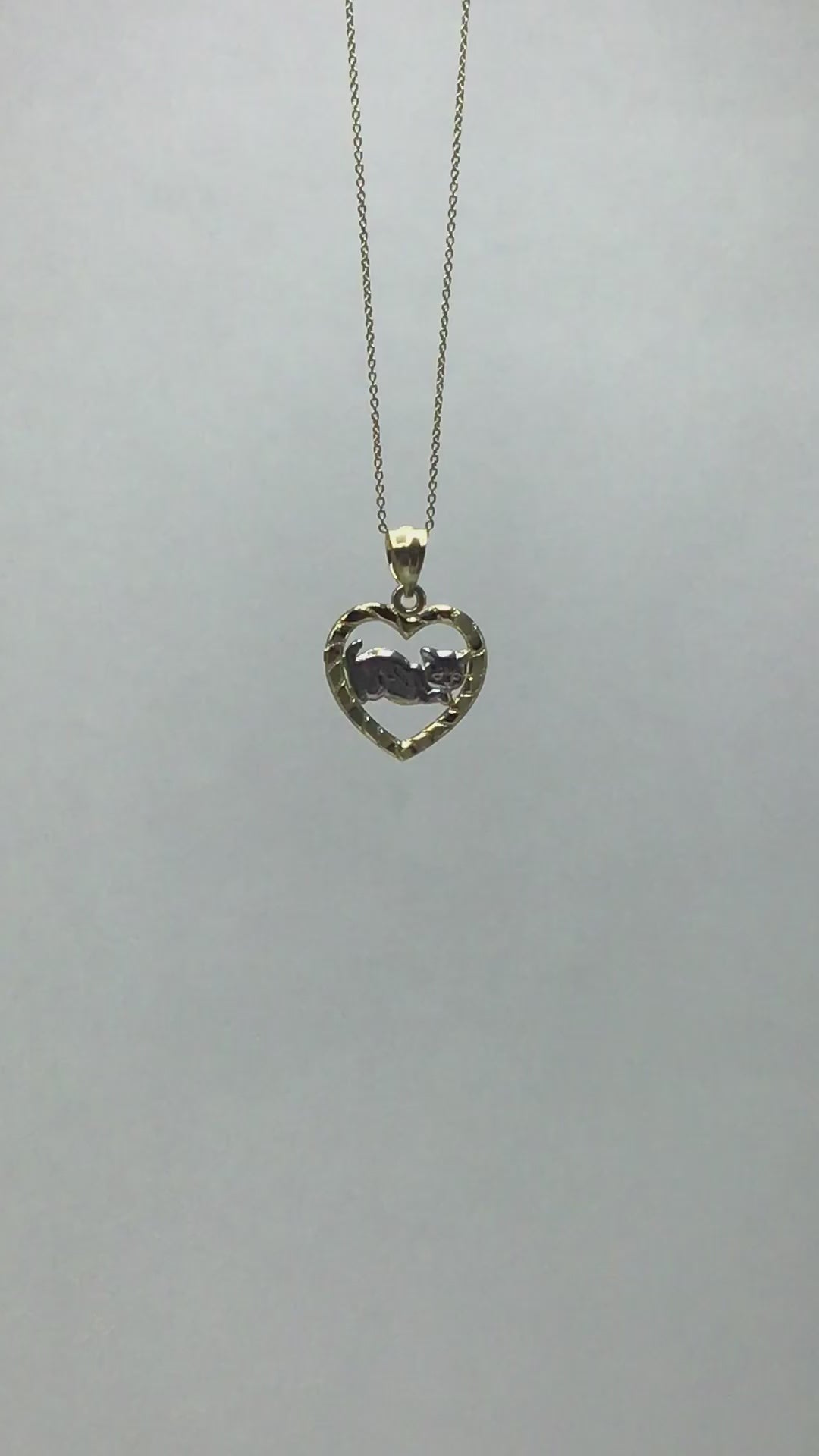 10k/14k Solid Two-Tone Gold Cat in Heart Pendant - Animal Jewelry Gifts